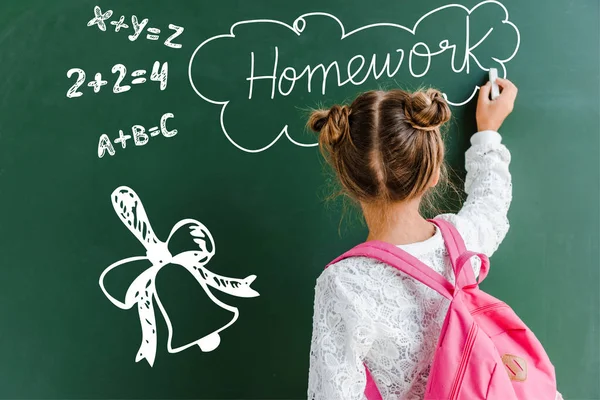 Back View Kid Green Chalkboard Homework Letters Green — Stock Photo, Image