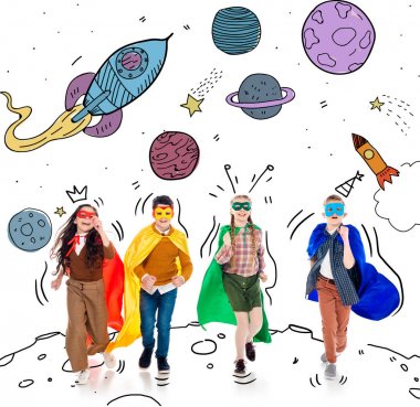 happy kids in superhero costumes and masks running near planets on white clipart