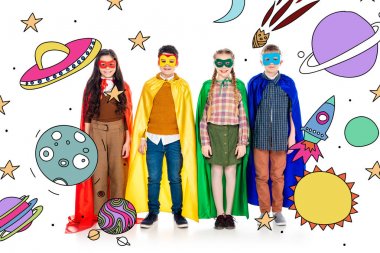 happy kids in superhero costumes and masks looking at camera near planets and stars on white clipart