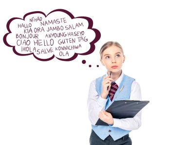 pensive schoolgirl in formal wear holding clipboard and pen near thought bubble with greeting letters on white clipart