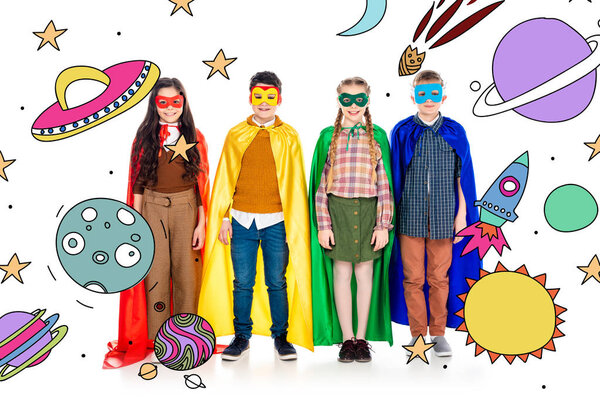 happy kids in superhero costumes and masks looking at camera near planets and stars on white