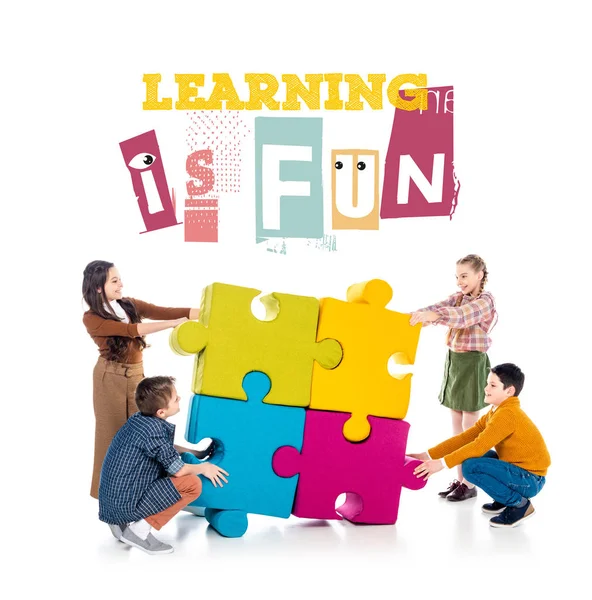 Happy Kids Playing Jigsaw Puzzle Pieces Learning Fun Letters White — Stock Photo, Image