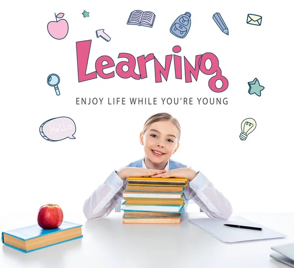 Smiling Schoolgirl Sitting Desk Books Looking Camera Learning Lettering White — Stock Photo, Image