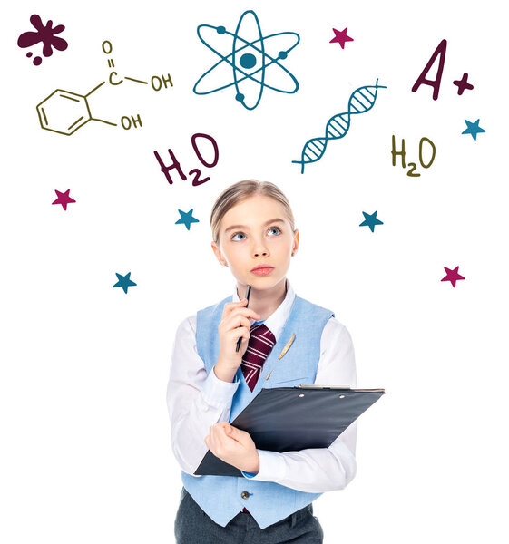 pensive schoolgirl in formal wear holding clipboard and pen near chemical formulas on white