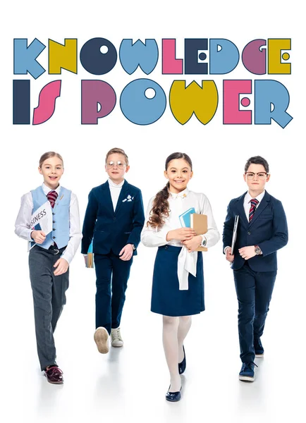 Schoolchildren Pretending Businesspeople Books Newspaper Walking Knowledge Power Letters White — Stock Photo, Image