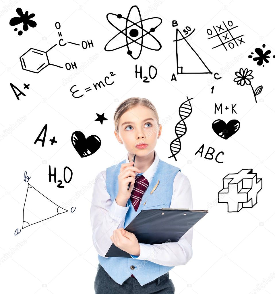 pensive schoolgirl in formal wear holding clipboard and pen near chemical formulas on white