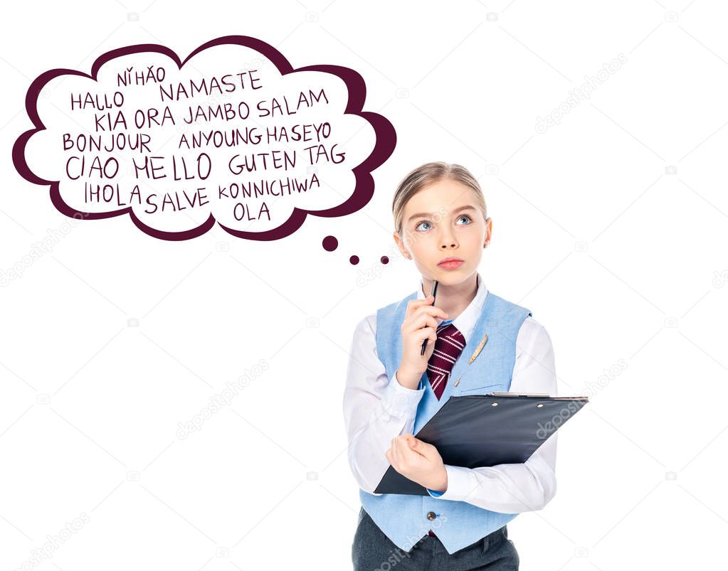 pensive schoolgirl in formal wear holding clipboard and pen near thought bubble with greeting letters on white