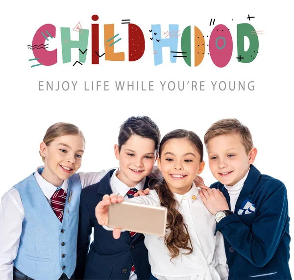 Happy Schoolchildren Taking Selfie Smartphone Childhood Letters White — Stock Photo, Image