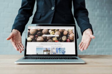 Kiev, Ukrayna - 5 Ağustos 2019: ekranda depositphotos web sitesi ile dizüstü bilgisayarın yakınında gesturing kadın kırpılmış görünümü 