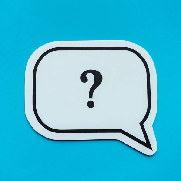 Close Black Question Mark Speech Bubble Isolated Blue — Stock Photo, Image