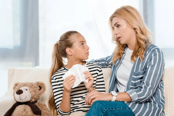 Woman Looking Sick Daughter Tissue Teddy Bear — Stock Photo, Image