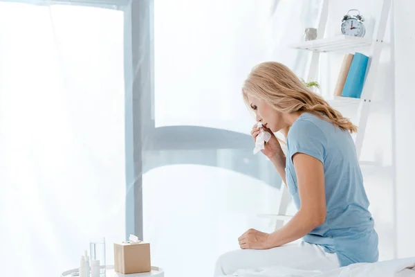 Sick Woman Sitting Bed Holding Napkin — Stock Photo, Image