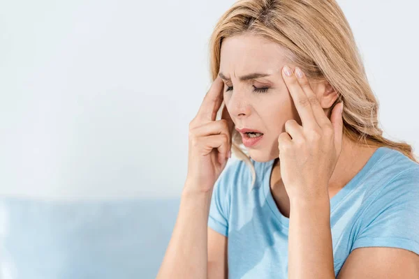 Tired Woman Having Migraine Touching Temples Home — Stock Photo, Image