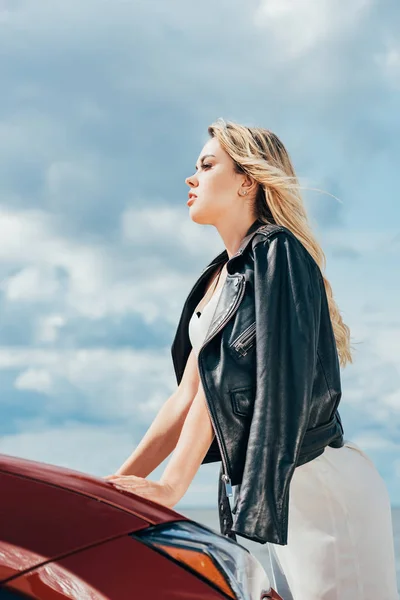 Attractive Blonde Woman Black Jacket Looking Away — Stock Photo, Image