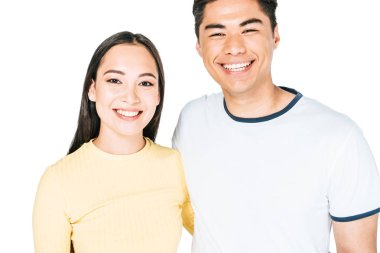 mutlu asyalı erkek ve kadın beyaz izole kamera bakarken gülümseyen