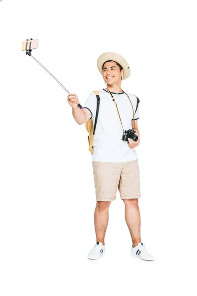 Happy Asian Man Taking Selfie Smartphone Selfie Stick White Background — Stock Photo, Image