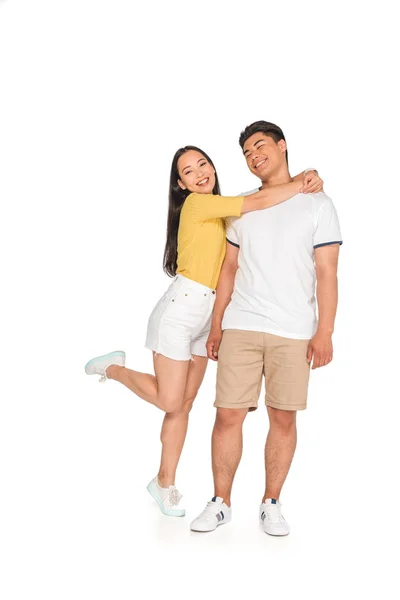 Happy Asian Girl Embracing Handsome Boyfriend White Background — Stock Photo, Image