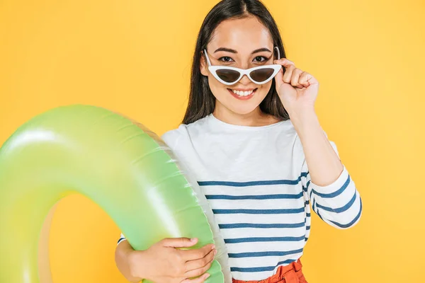 Attractive Asian Woman Sunglasses Holding Swim Ring Looking Camera Isolated — Stock Photo, Image