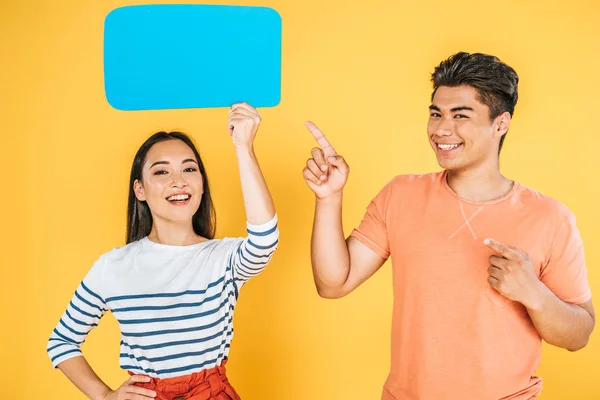 Asian Man Pointing Finger Speech Bubble Hands Smiling Girlfriend Yellow — Stock Photo, Image