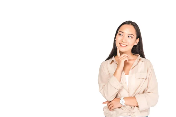 Sonhador Sorrindo Asiático Mulher Olhando Afastado Isolado Branco — Fotografia de Stock