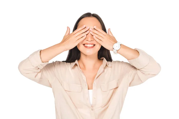 Smiling Woman Showing See Evil Gesture While Posing Camera Isolated — Stock Photo, Image