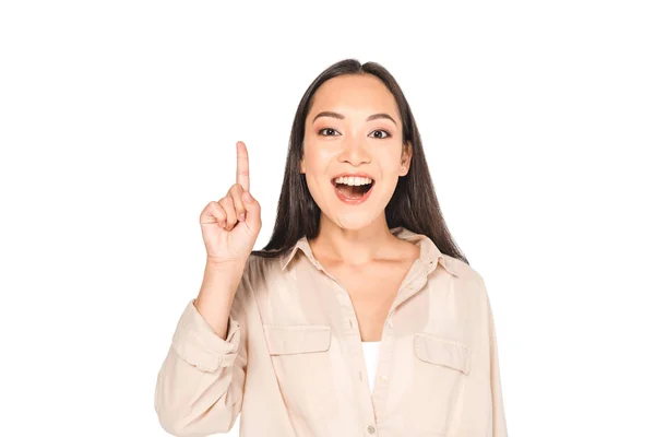 Cheerful Asian Woman Showing Idea Sign While Looking Camera Isolated — Stock Photo, Image