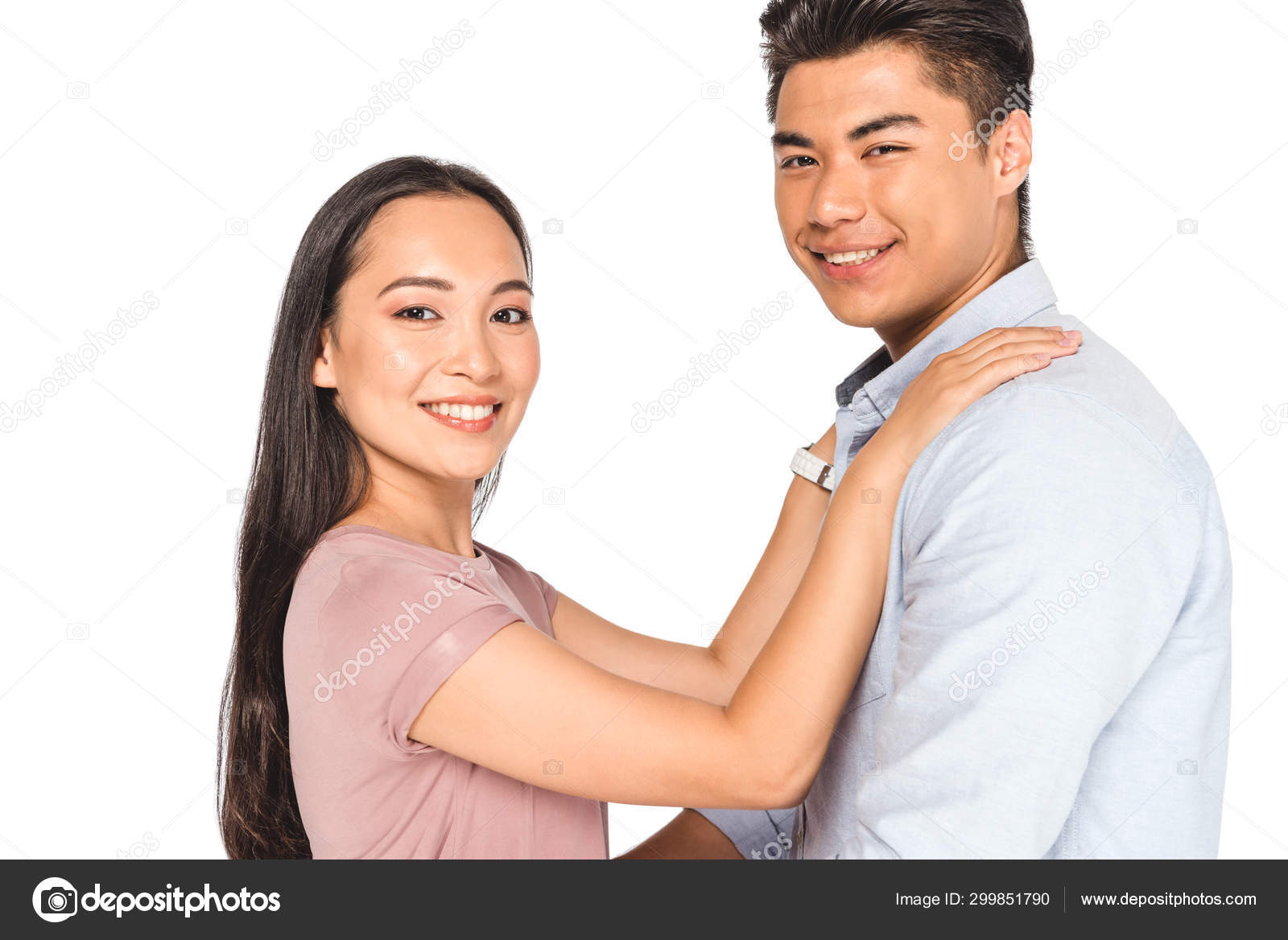 Happy Asian Woman Holding Hands Shoulders Smiling Boyfriend While Looking  Stock Photo by ©IgorVetushko 299851790