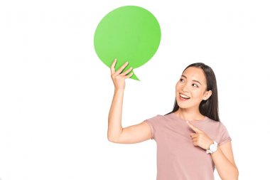 beyaz izole boş düşünce balonu parmak ile işaret çekici asyalı kız