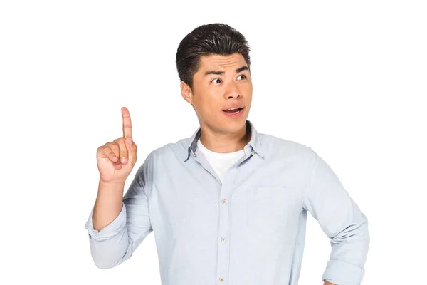 Young Asian Man Showing Idea Sign While Looking Away Isolated — Stock Photo, Image