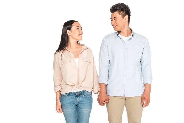 Happy Asian Couple Holding Hands Looking Each Other Isolated White — Stock Photo, Image