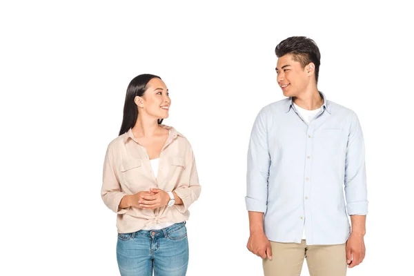 Cheerful Asian Man Woman Looking Each Other Isolated White — Stock Photo, Image