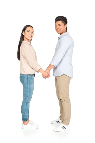 Happy Asian Couple Holding Hands Smiling Camera White Background — Stock Photo, Image
