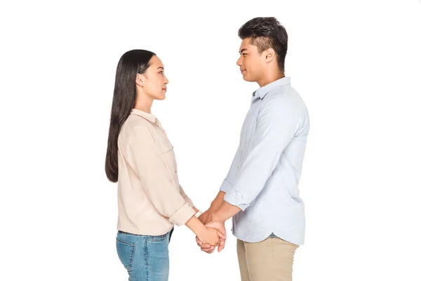 Feliz Asiático Pareja Cogido Mano Mirando Uno Otro Aislado Blanco — Foto de Stock