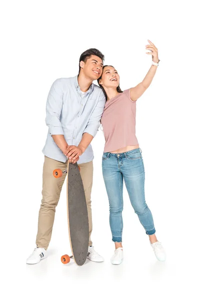 Happy Asian Girl Taking Selfie Handsome Boyfriend Holding Longboard White — Stock Photo, Image
