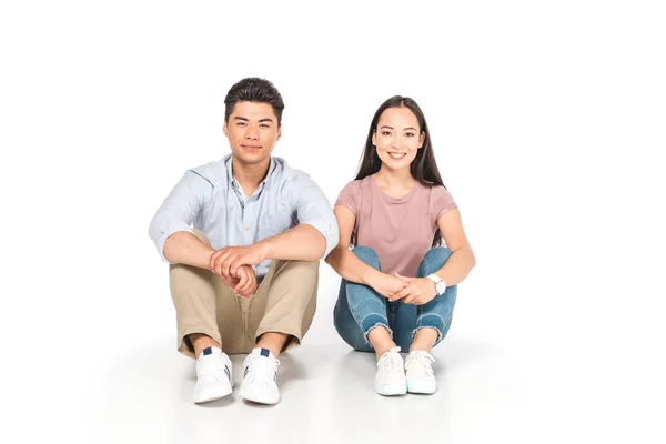 Young Asian Man Woman Sitting White Background Smiling Camera — Stock Photo, Image