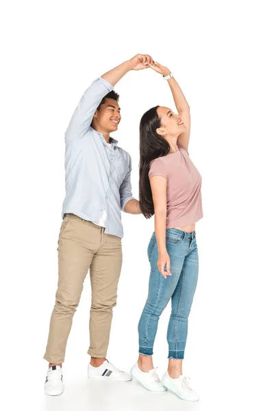 Alegre Asiático Hombre Mujer Casual Ropa Bailando Blanco Fondo —  Fotos de Stock