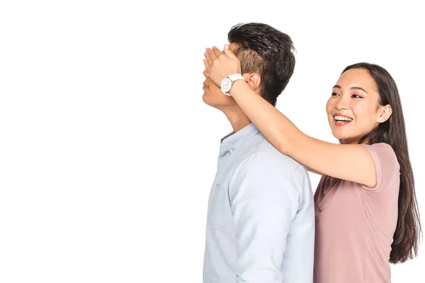 Cheerful Asian Girl Closing Eyes Boyfriend Hands Isolated White — Stock Photo, Image