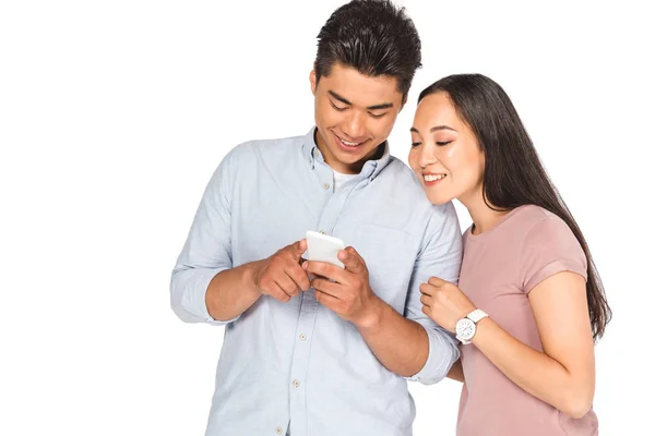 Handsome Asian Man Using Smartphone Smiling Girlfriend Isolated White — Stock Photo, Image