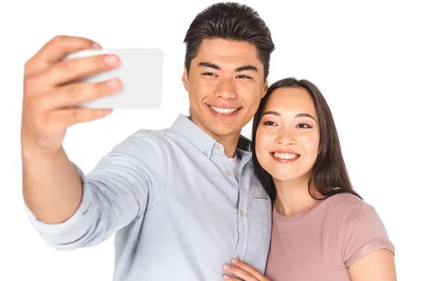 Selective Focus Happy Asian Couple Taking Selfie Smartphone Isolated White — Stock Photo, Image