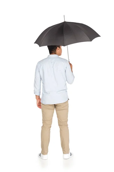 Back View Jovem Asiático Homem Sob Guarda Chuva Fundo Branco — Fotografia de Stock