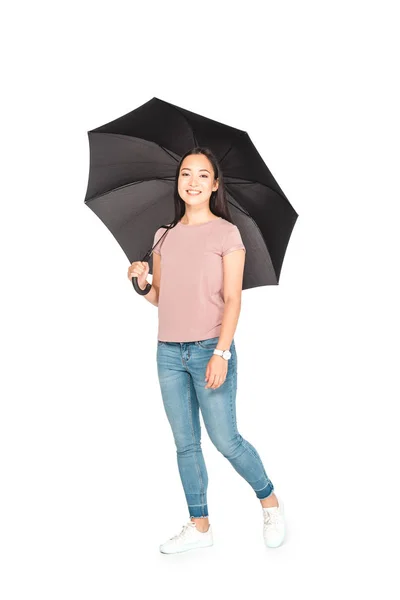 Cheerful Asian Girl Holding Black Umbrella Smiling Camera White Background — Stock Photo, Image