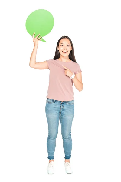 Beautiful Asian Girl Pointing Finger Blank Thought Bubble White Background — Stock Photo, Image