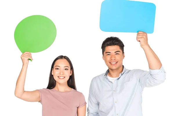 Sonriente Asiático Hombre Con Discurso Burbuja Chica Con Pensamiento Burbuja — Foto de Stock