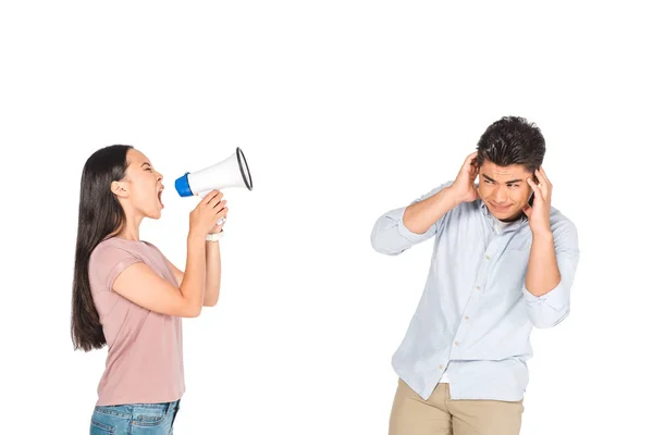 Angry Asian Girl Screaming Megaphone Boyfriend Covering Ears Hands Isolated — Stock Photo, Image