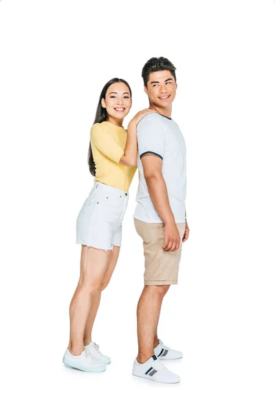 Happy Asian Girl Leaning Back Smiling Boyfriend White Background — Stock Photo, Image