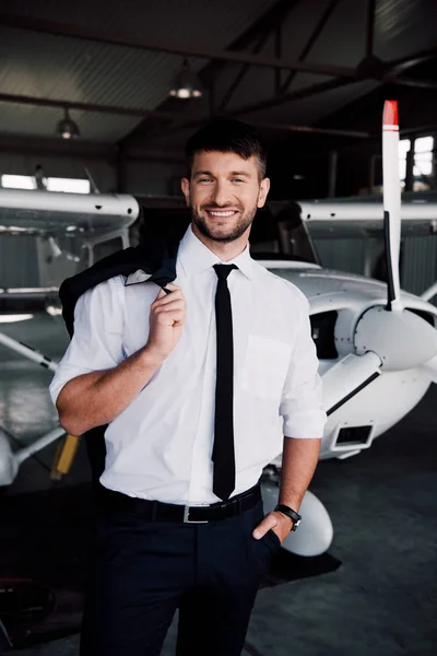 Smiling Pilot Formal Wear Standing Plane Looking Camera — Stock Photo, Image