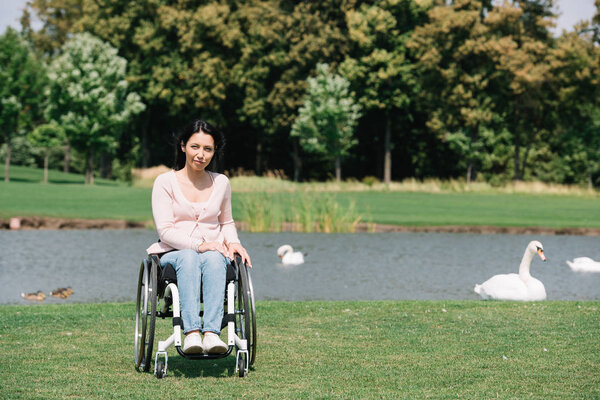young disabled woman looking at camera while sitting in wheelchair near pond with white swans
