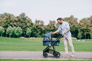 mutlu baba yeşil parkta bebek arabası ile yürüyüş