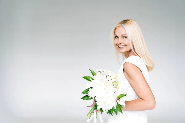 Side View Happy Blonde Mature Woman White Bouquet Isolated Grey — Stock Photo, Image
