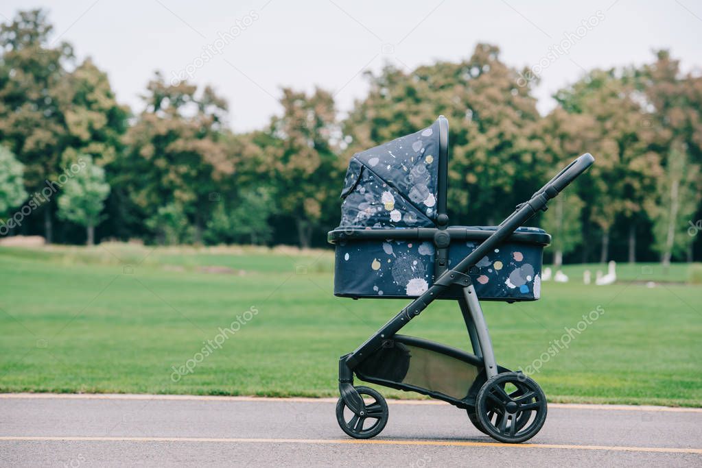 spotted multicolored baby carriage on road in green summer park
